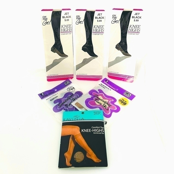NIB 6x Vintage Sandal Foot Reinforced Toe Knee Highs Hosiery in Black / Beige - Picture 1 of 1
